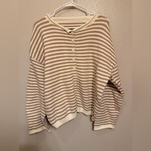 Striped Button-Front Knit Cardigan in Beige and Cream